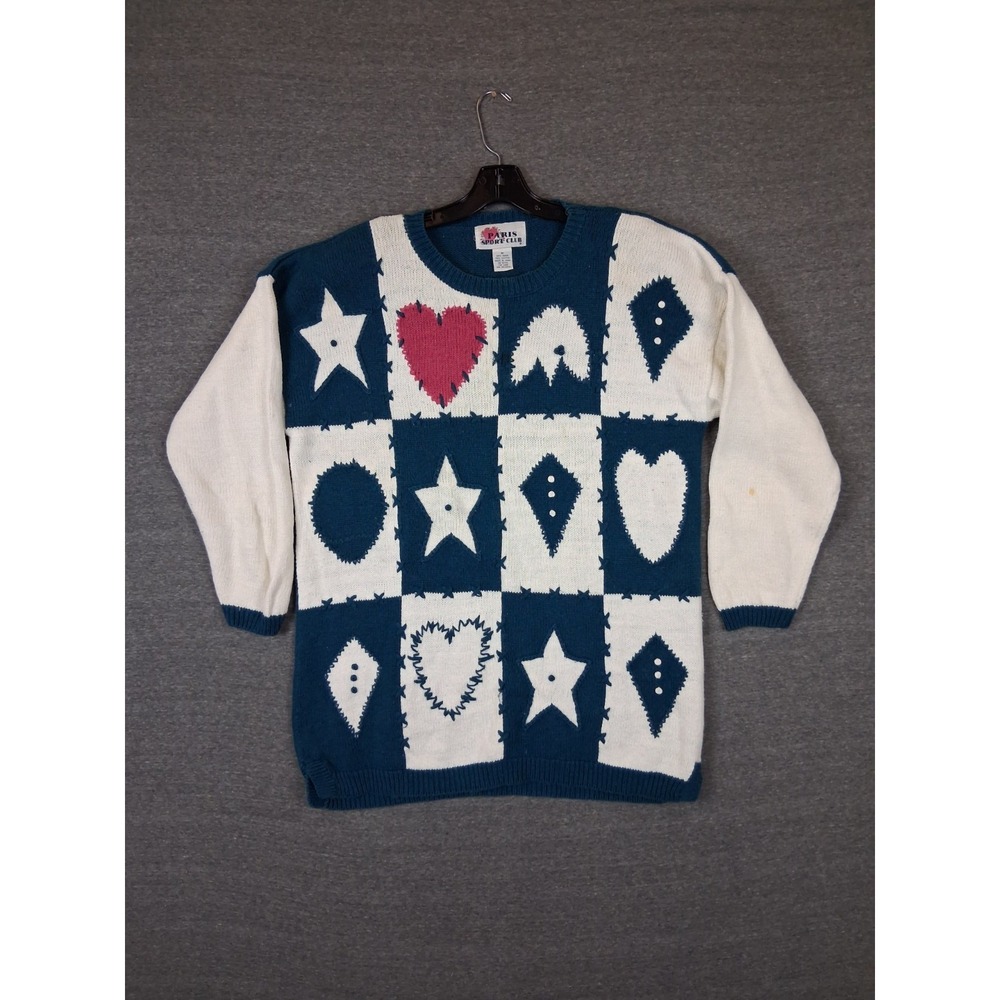 VTG Paris Sport Club Womens Sweater M Blue White Patchwork Embroidered Grannie